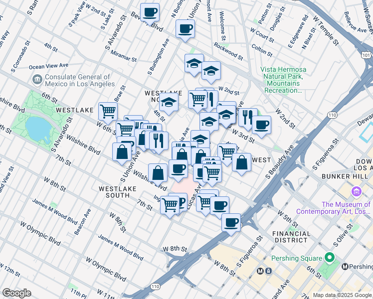 map of restaurants, bars, coffee shops, grocery stores, and more near 417 Witmer Street in Los Angeles