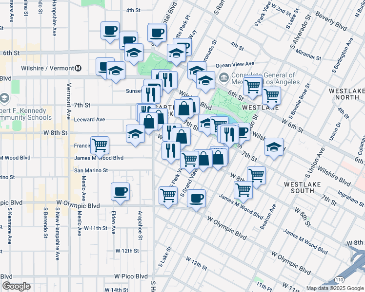 map of restaurants, bars, coffee shops, grocery stores, and more near 716 South Carondelet Street in Los Angeles