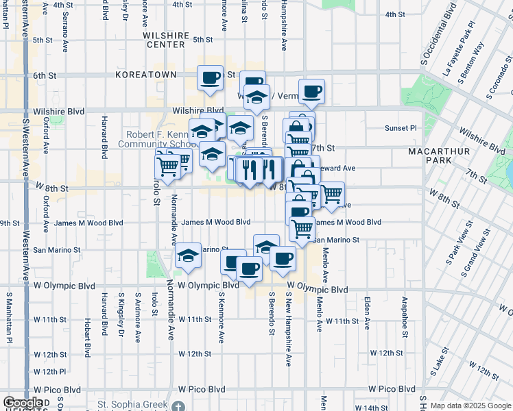 map of restaurants, bars, coffee shops, grocery stores, and more near 3100 West 8th Street in Los Angeles
