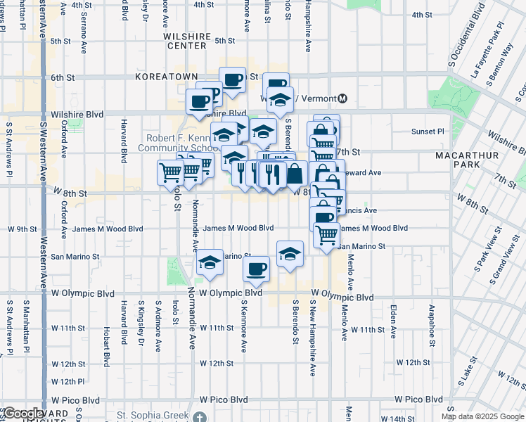 map of restaurants, bars, coffee shops, grocery stores, and more near 3142 West 8th Street in Los Angeles