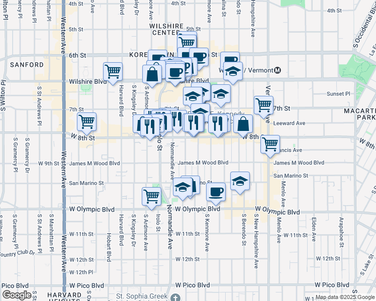 map of restaurants, bars, coffee shops, grocery stores, and more near 3242 West 8th Street in Los Angeles