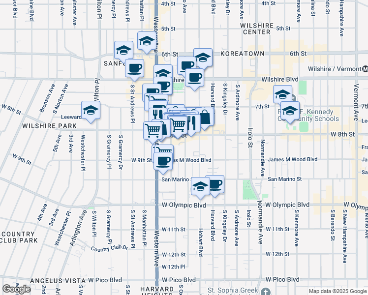 map of restaurants, bars, coffee shops, grocery stores, and more near 820 South Serrano Avenue in Los Angeles