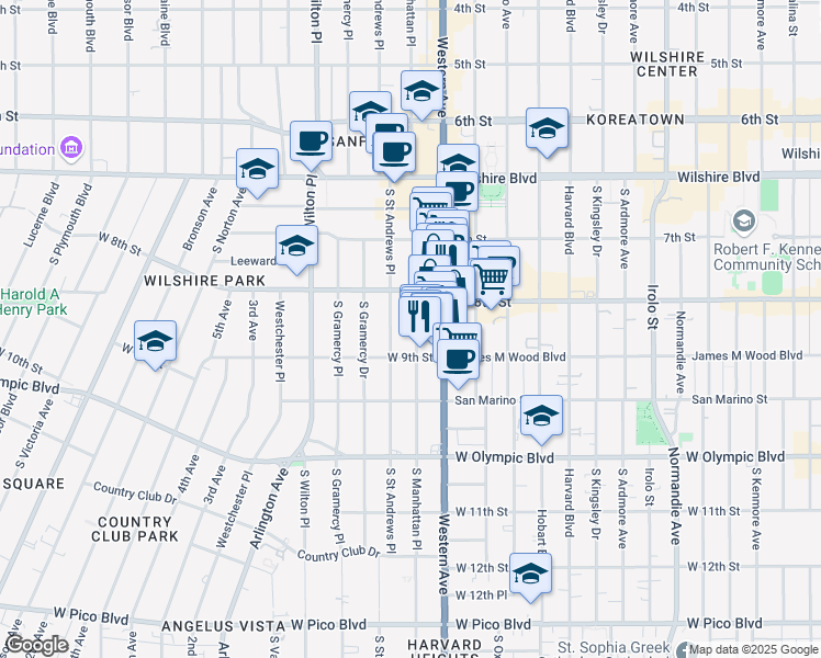 map of restaurants, bars, coffee shops, grocery stores, and more near 816 South Saint Andrews Place in Los Angeles
