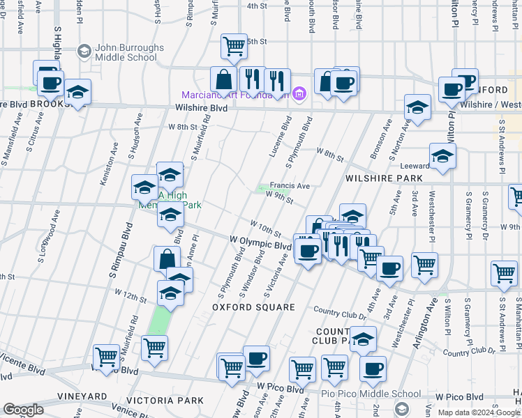 map of restaurants, bars, coffee shops, grocery stores, and more near 901 South Plymouth Boulevard in Los Angeles