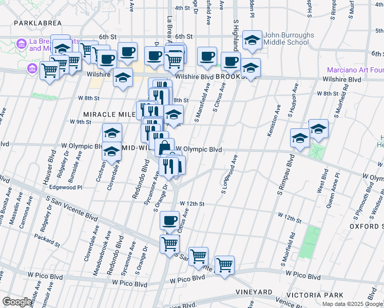 map of restaurants, bars, coffee shops, grocery stores, and more near 958 South Mansfield Avenue in Los Angeles