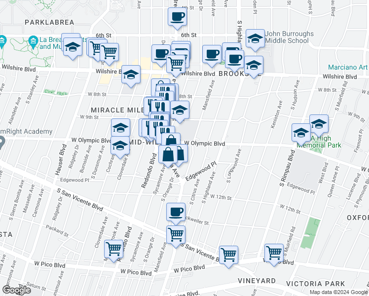 map of restaurants, bars, coffee shops, grocery stores, and more near 5241 West Olympic Boulevard in Los Angeles