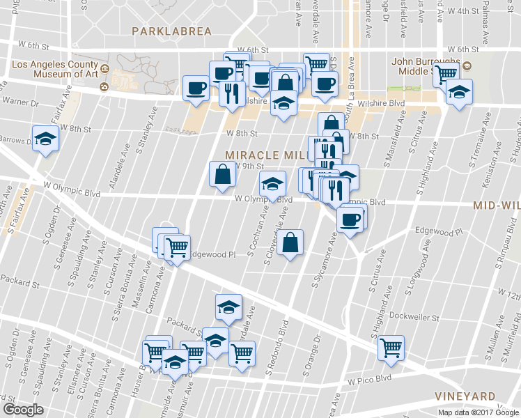 map of restaurants, bars, coffee shops, grocery stores, and more near 5525 West Olympic Boulevard in Los Angeles