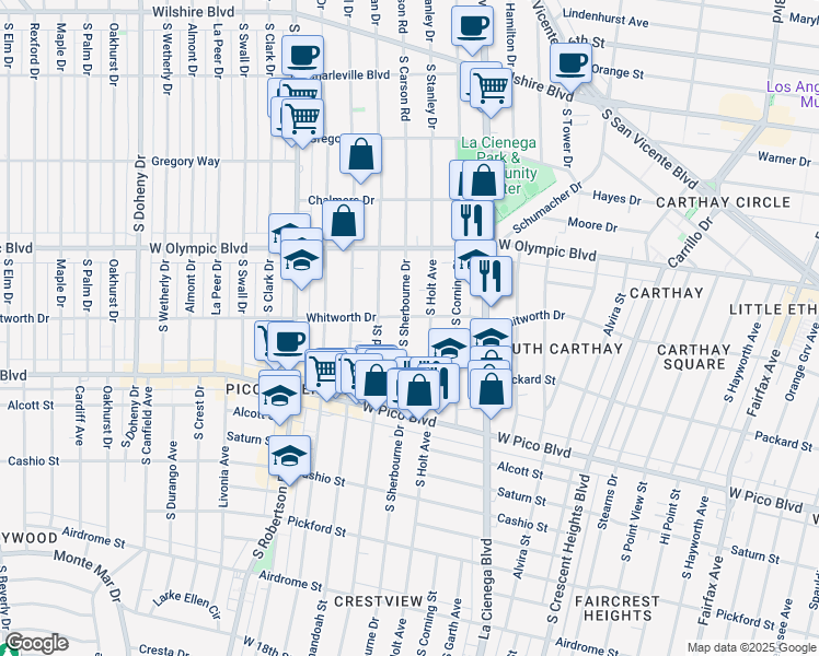 map of restaurants, bars, coffee shops, grocery stores, and more near 1065 South Holt Avenue in Los Angeles