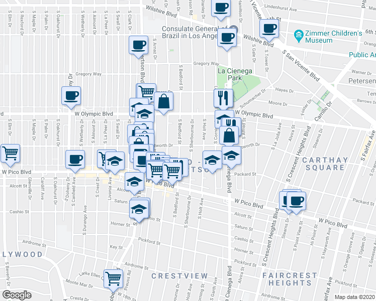 map of restaurants, bars, coffee shops, grocery stores, and more near 1064 South Bedford Street in Los Angeles