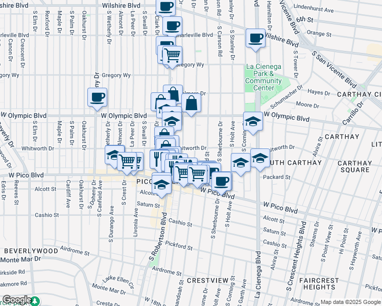 map of restaurants, bars, coffee shops, grocery stores, and more near 1060 South Shenandoah Street in Los Angeles
