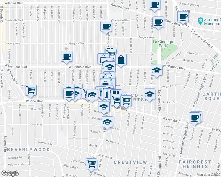 map of restaurants, bars, coffee shops, grocery stores, and more near 1059 South Wooster Street in Los Angeles