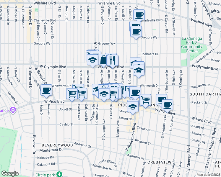 map of restaurants, bars, coffee shops, grocery stores, and more near 466 South Almont Drive in Beverly Hills