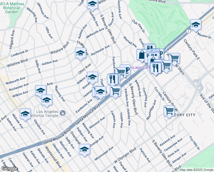 map of restaurants, bars, coffee shops, grocery stores, and more near 10465 Eastborne Avenue in Los Angeles