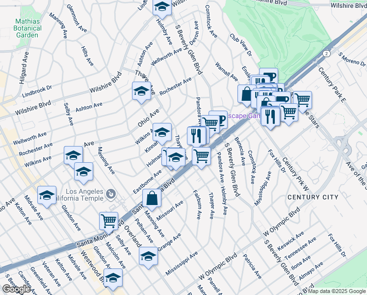 map of restaurants, bars, coffee shops, grocery stores, and more near 1626 Thayer Avenue in Los Angeles