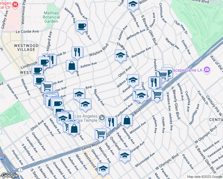 map of restaurants, bars, coffee shops, grocery stores, and more near 10612 Ohio Avenue in Los Angeles