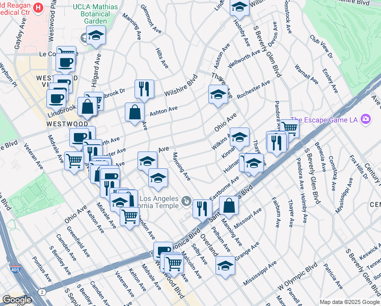 map of restaurants, bars, coffee shops, grocery stores, and more near 10657 Ohio Avenue in Los Angeles