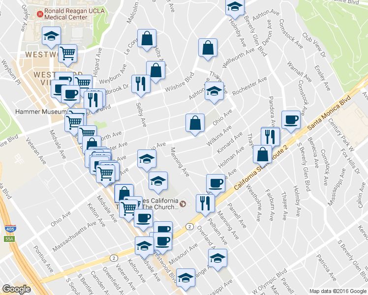 map of restaurants, bars, coffee shops, grocery stores, and more near 10657 Ohio Avenue in Los Angeles