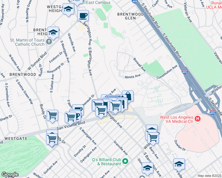 map of restaurants, bars, coffee shops, grocery stores, and more near 11620 Chenault Street in Los Angeles
