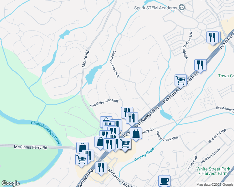 map of restaurants, bars, coffee shops, grocery stores, and more near 4369 Lansfaire Terrace in Suwanee