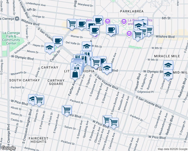 map of restaurants, bars, coffee shops, grocery stores, and more near 5962 South San Vicente Boulevard in Los Angeles