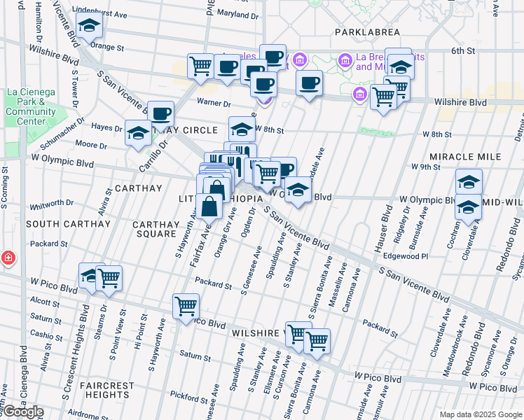 map of restaurants, bars, coffee shops, grocery stores, and more near 5966 San Vicente Boulevard in Los Angeles