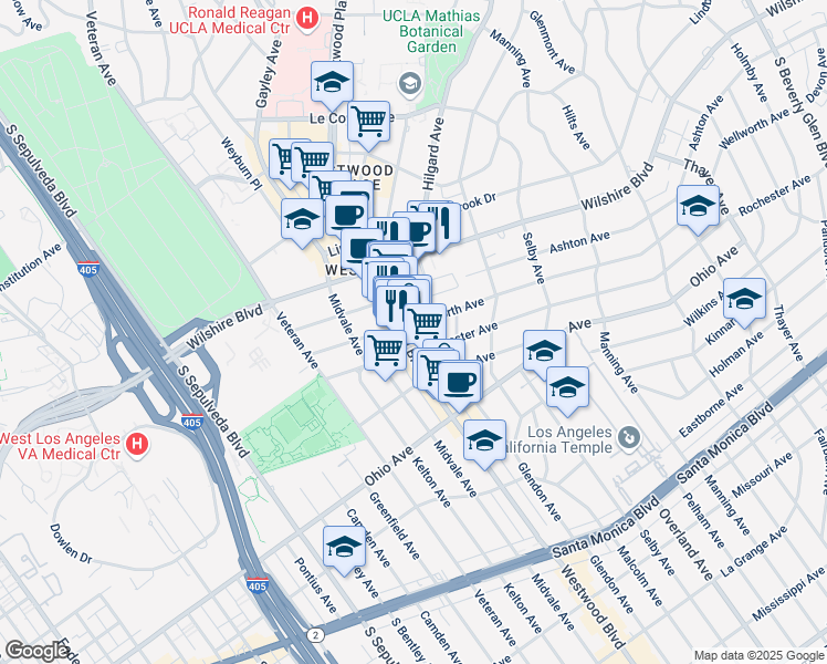 map of restaurants, bars, coffee shops, grocery stores, and more near 10859 Wellworth Avenue in Los Angeles