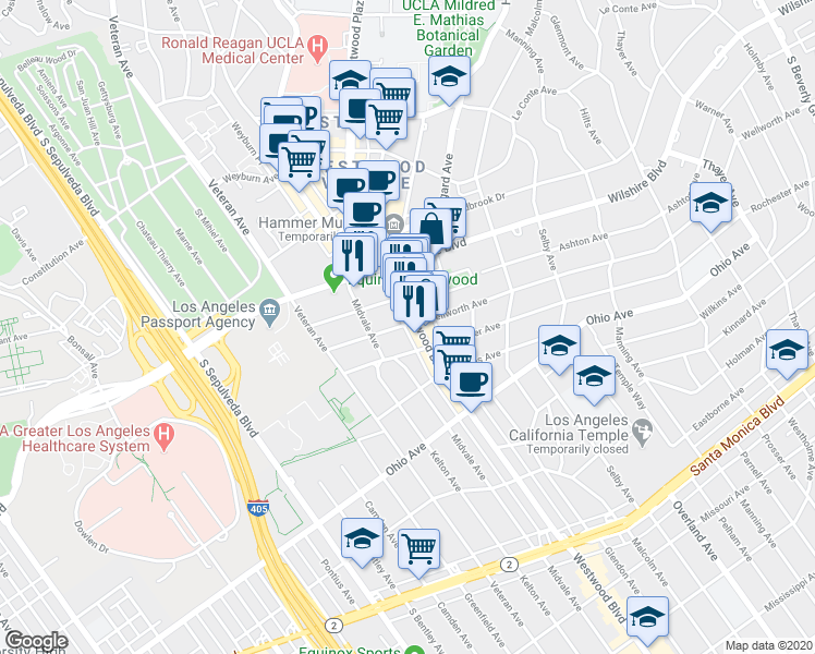 map of restaurants, bars, coffee shops, grocery stores, and more near 10900 Wellworth Avenue in Los Angeles