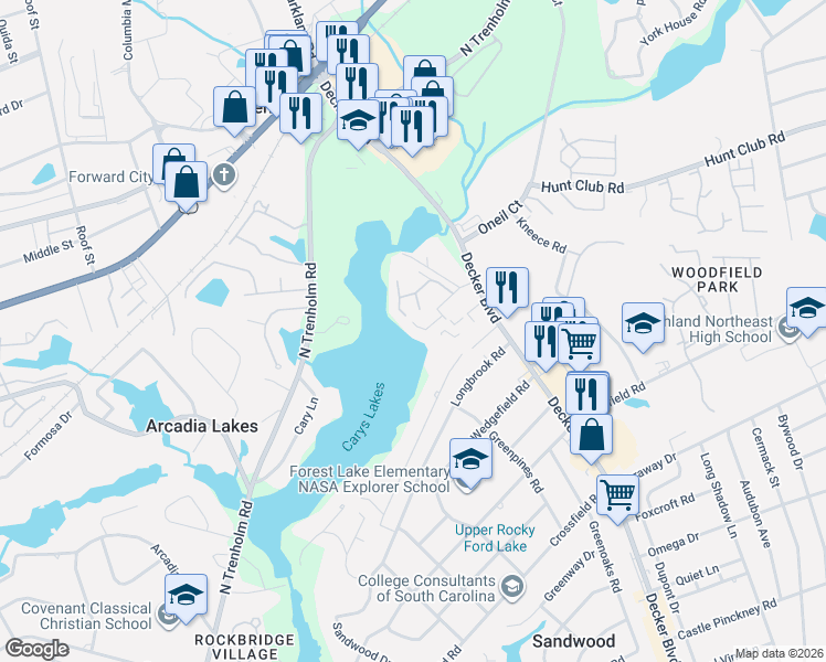map of restaurants, bars, coffee shops, grocery stores, and more near 27 Arcadia Cove in Columbia