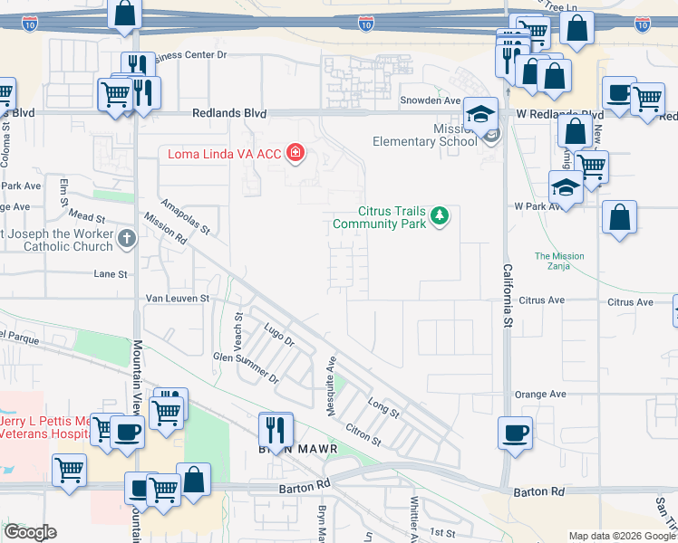 map of restaurants, bars, coffee shops, grocery stores, and more near 10845 Pala Bells Street in Loma Linda