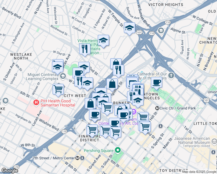 map of restaurants, bars, coffee shops, grocery stores, and more near 880 West 1st Street in Los Angeles