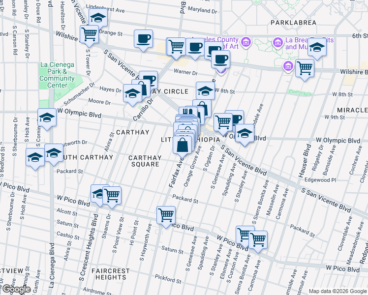 map of restaurants, bars, coffee shops, grocery stores, and more near 1047 S Fairfax Ave in Los Angeles