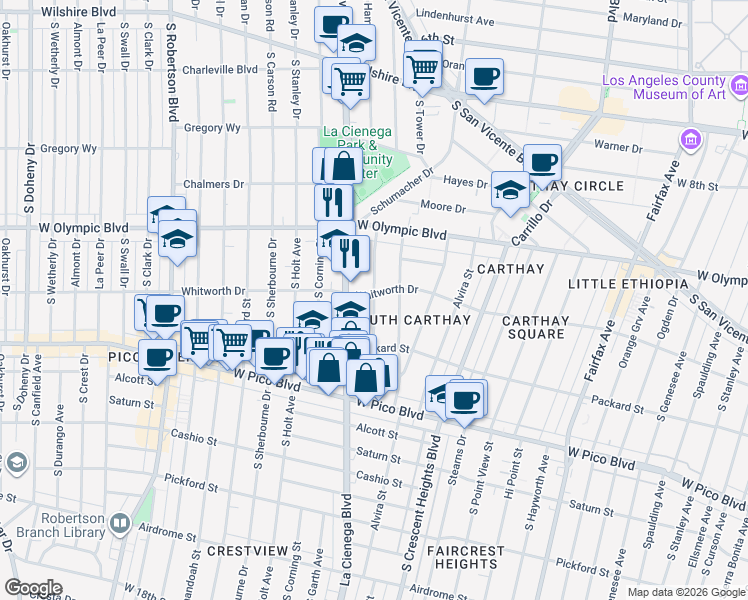 map of restaurants, bars, coffee shops, grocery stores, and more near South Alfred Street in Los Angeles