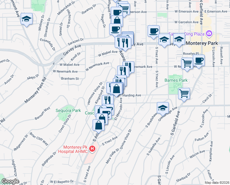map of restaurants, bars, coffee shops, grocery stores, and more near 415 De La Fuente Street in Monterey Park