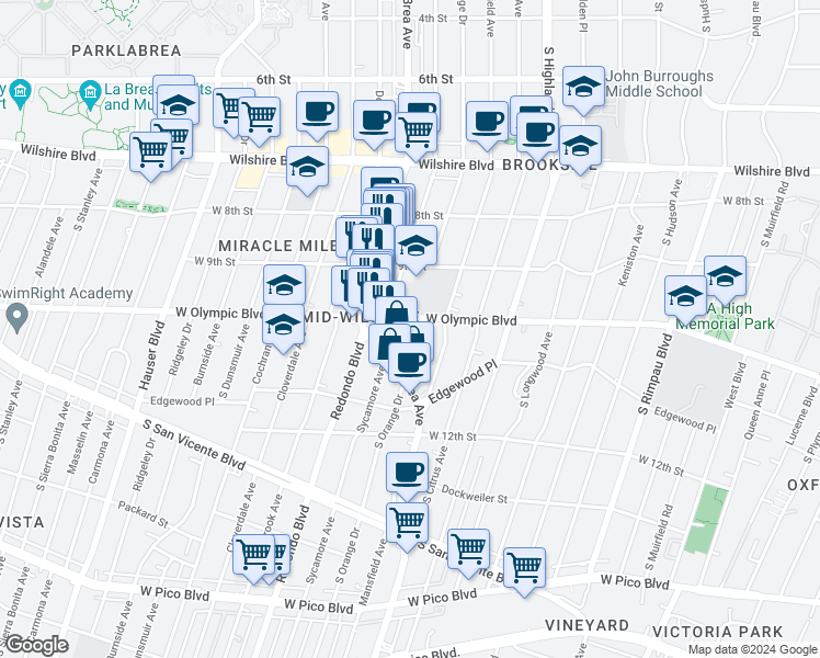 map of restaurants, bars, coffee shops, grocery stores, and more near 1007 South Orange Drive in Los Angeles