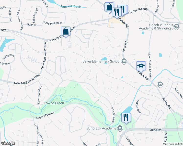 map of restaurants, bars, coffee shops, grocery stores, and more near 4194 Gramercy Main Northwest in Kennesaw