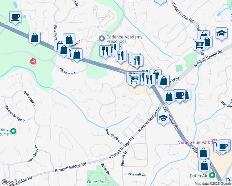 map of restaurants, bars, coffee shops, grocery stores, and more near 11375 Southbridge Parkway in Alpharetta