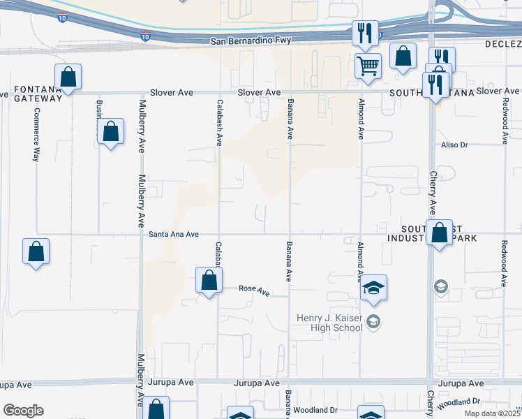 map of restaurants, bars, coffee shops, grocery stores, and more near 14032 Santa Ana Avenue in Fontana