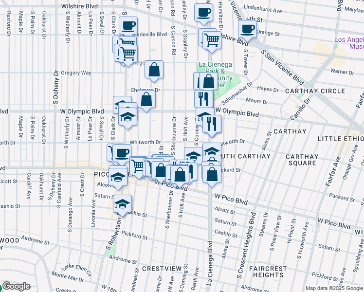 map of restaurants, bars, coffee shops, grocery stores, and more near 1111 South Holt Avenue in Los Angeles
