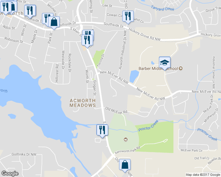 map of restaurants, bars, coffee shops, grocery stores, and more near 4145 Dustin Drive Northwest in Acworth