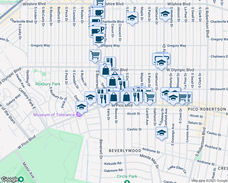 map of restaurants, bars, coffee shops, grocery stores, and more near 470 South Beverly Drive in Beverly Hills