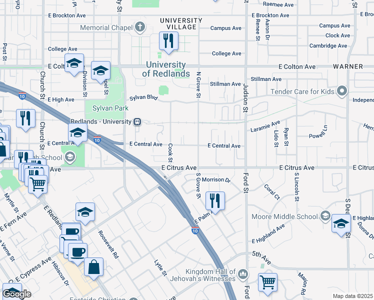 map of restaurants, bars, coffee shops, grocery stores, and more near 1255 East Citrus Avenue in Redlands