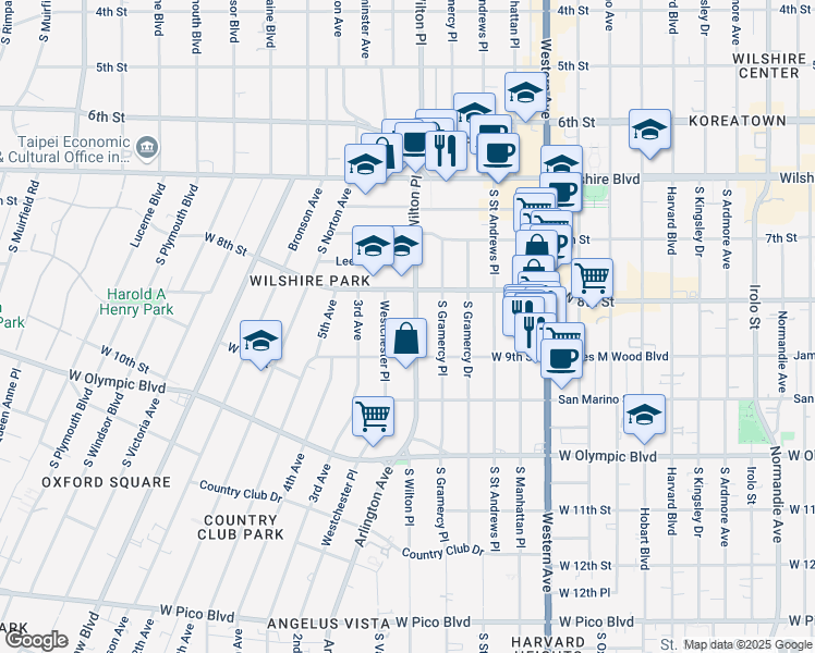 map of restaurants, bars, coffee shops, grocery stores, and more near 820 South Wilton Place in Los Angeles