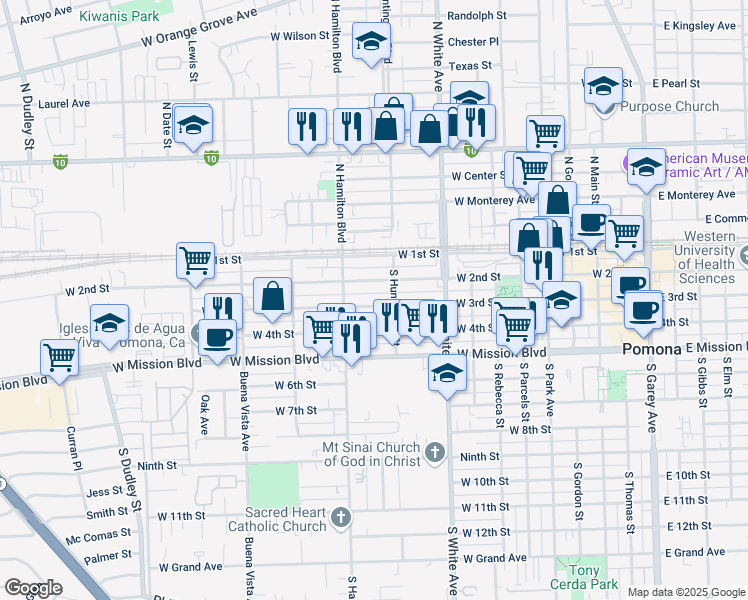 map of restaurants, bars, coffee shops, grocery stores, and more near 1036 West 2nd Street in Pomona