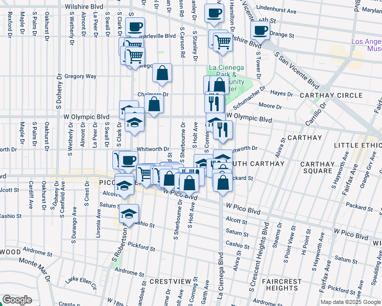 map of restaurants, bars, coffee shops, grocery stores, and more near 1111 South Holt Avenue in Los Angeles