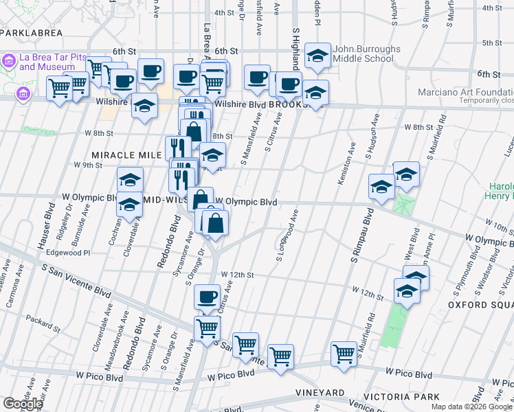 map of restaurants, bars, coffee shops, grocery stores, and more near 1000 South Citrus Avenue in Los Angeles