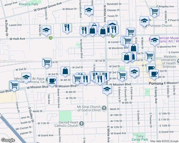 map of restaurants, bars, coffee shops, grocery stores, and more near 1041 West 3rd Street in Pomona