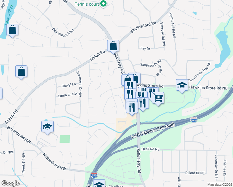 map of restaurants, bars, coffee shops, grocery stores, and more near 446 Bottesford Drive Northwest in Kennesaw