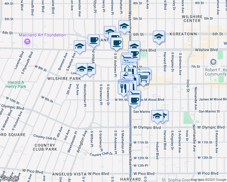 map of restaurants, bars, coffee shops, grocery stores, and more near 816 South Saint Andrews Place in Los Angeles