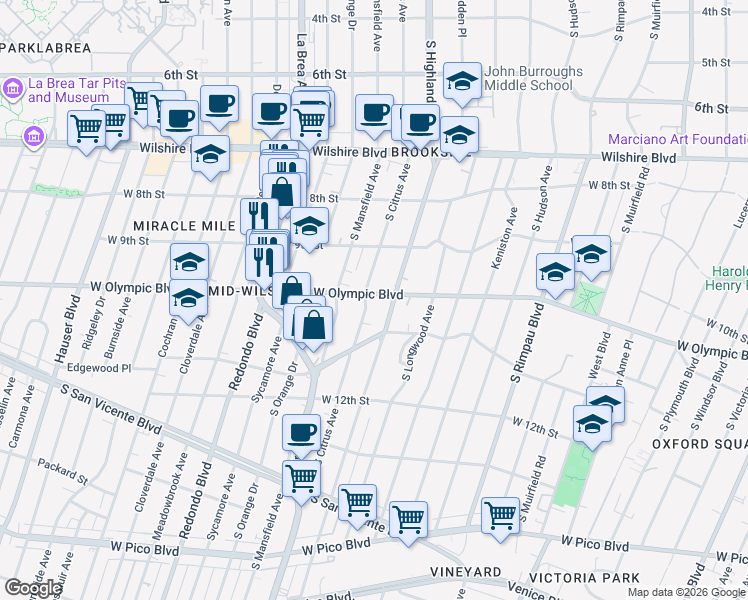 map of restaurants, bars, coffee shops, grocery stores, and more near 1000 South Citrus Avenue in Los Angeles