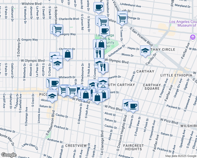 map of restaurants, bars, coffee shops, grocery stores, and more near 1060 South Corning Street in Los Angeles